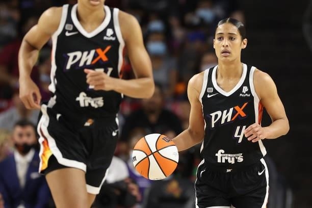 Skylar Diggins-Smith of the Phoenix Mercury handles the ball during Game Three of the 2021 WNBA semifinals at Desert Financial Arena on October 03,...
