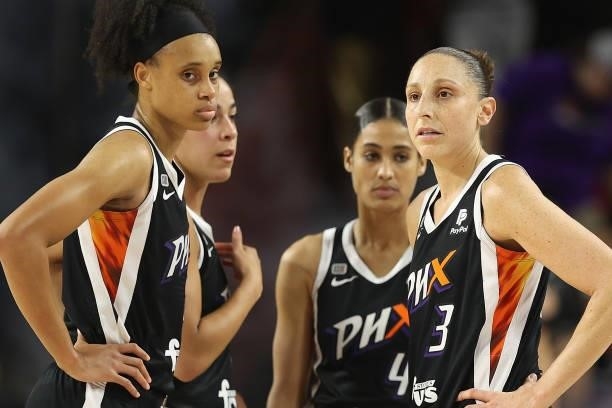Brianna Turner Diana Taurasi of the Phoenix Mercury during Game Three of the 2021 WNBA semifinals at Desert Financial Arena on October 03, 2021 in...
