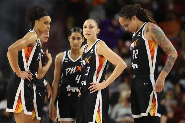 Brianna Turner, Skylar Diggins-Smith, Diana Taurasi and Brittney Griner of the Phoenix Mercury during Game Three of the 2021 WNBA semifinals at...