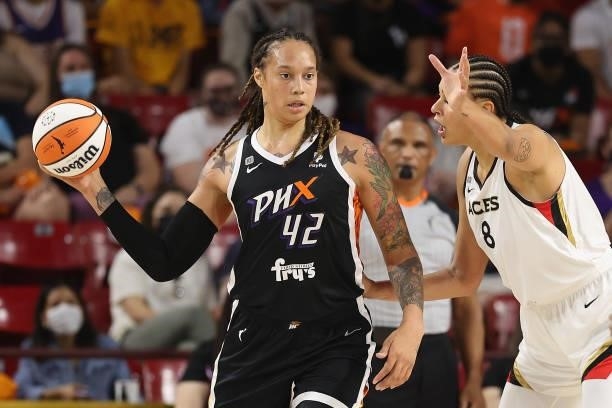Brittney Griner of the Phoenix Mercury looks to pass during Game Three of the 2021 WNBA semifinals at Desert Financial Arena on October 03, 2021 in...