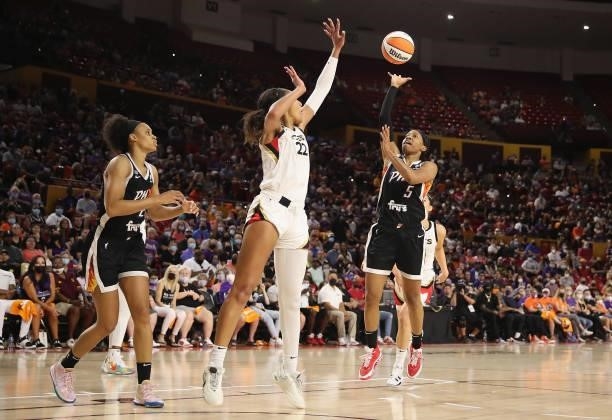 Shey Peddy of the Phoenix Mercury attempts a shot over A'ja Wilson of the Las Vegas Aces during Game Three of the 2021 WNBA semifinals at Desert...
