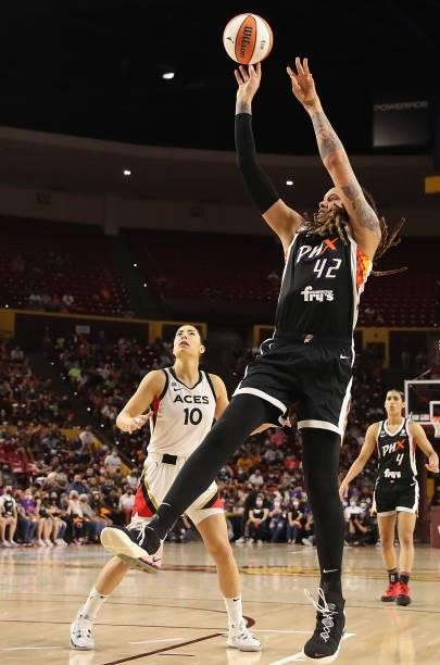 Brittney Griner of the Phoenix Mercury shoots during Game Three of the 2021 WNBA semifinals at Desert Financial Arena on October 03, 2021 in Tempe,...