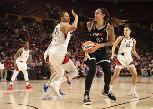 Brittney Griner of the Phoenix Mercury looks to shoot during Game Three of the 2021 WNBA semifinals at Desert Financial Arena on October 03, 2021 in...