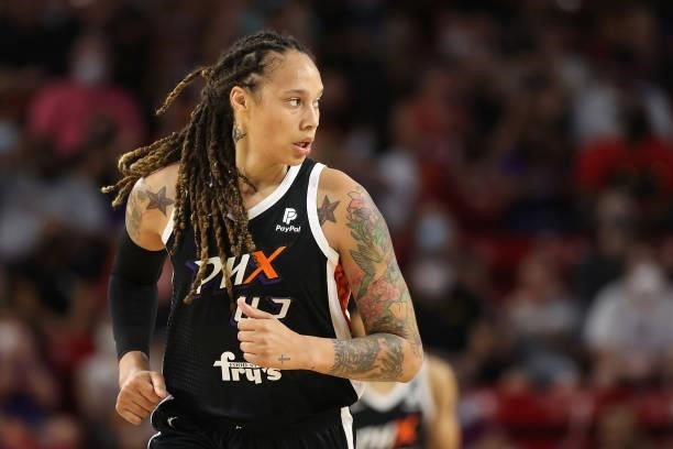 Brittney Griner of the Phoenix Mercury during Game Three of the 2021 WNBA semifinals at Desert Financial Arena on October 03, 2021 in Tempe, Arizona....