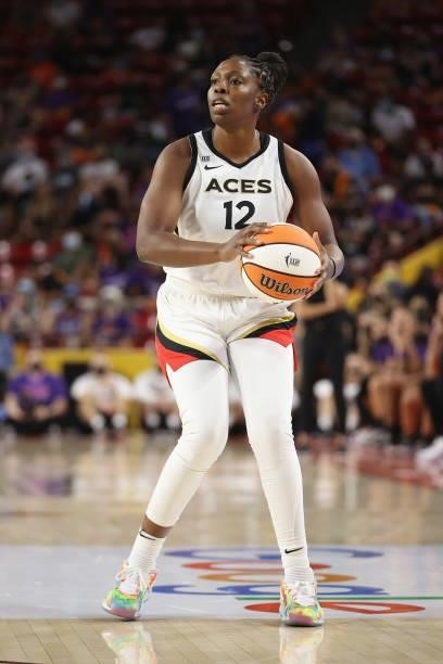 Chelsea Gray of the Las Vegas Aces looks to shoot during Game Three of the 2021 WNBA semifinals at Desert Financial Arena on October 03, 2021 in...