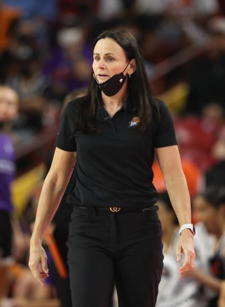 Head coach Sandy Brondello of the Phoenix Mercury reacts during the first half of Game Three of the 2021 WNBA semifinals against the Las Vegas Aces...