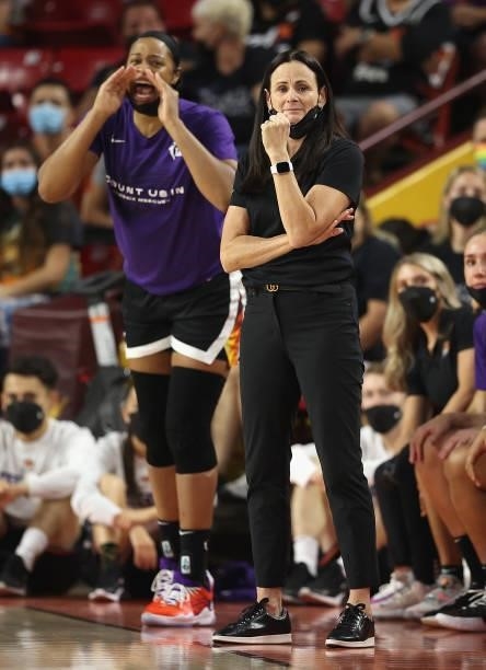 Head coach Sandy Brondello of the Phoenix Mercury reacts during the first half of Game Three of the 2021 WNBA semifinals against the Las Vegas Aces...