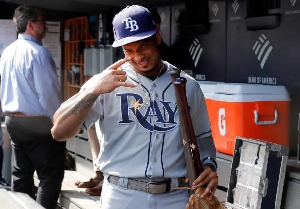 Wander Franco of the Tampa Bay Rays looks on before a game against the New York Yankees at Yankee Stadium on October 02, 2021 in New York City. The...