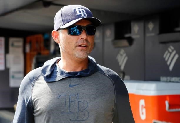 Manager Kevin Cash of the Tampa Bay Rays looks on before a game against the New York Yankees at Yankee Stadium on October 02, 2021 in New York City....
