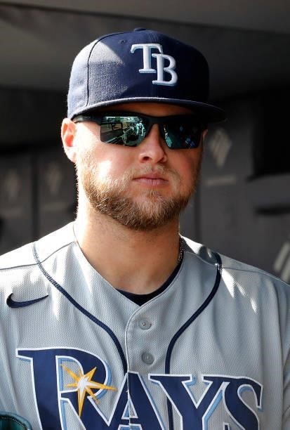 Austin Meadows of the Tampa Bay Rays looks on before a game against the New York Yankees at Yankee Stadium on October 02, 2021 in New York City. The...