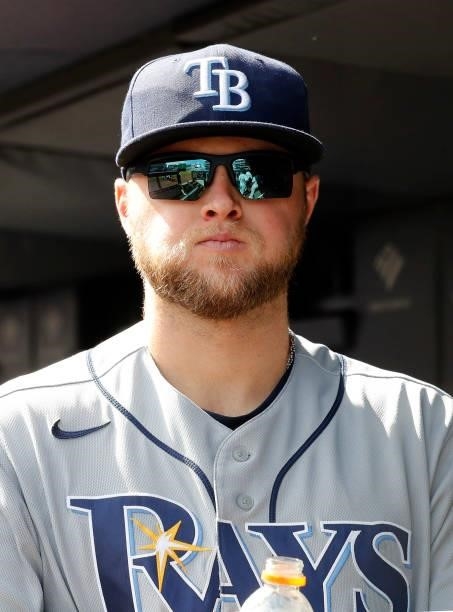 Austin Meadows of the Tampa Bay Rays looks on before a game against the New York Yankees at Yankee Stadium on October 02, 2021 in New York City. The...