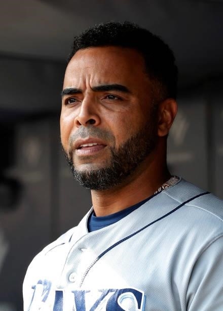 Nelson Cruz of the Tampa Bay Rays looks on before a game against the New York Yankees at Yankee Stadium on October 02, 2021 in New York City. The...