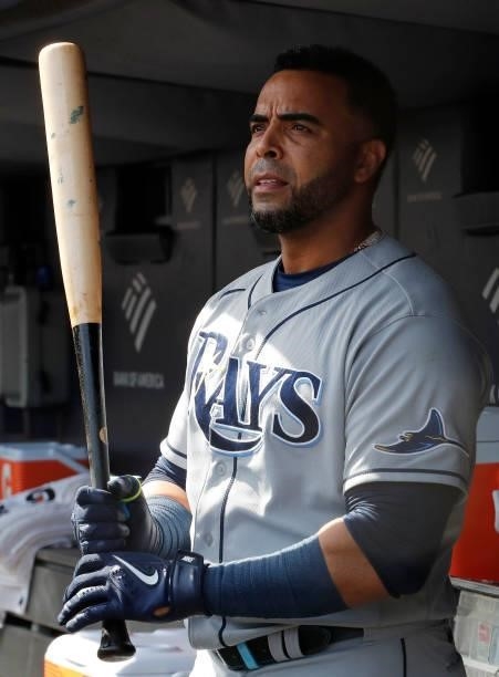 Nelson Cruz of the Tampa Bay Rays looks on before a game against the New York Yankees at Yankee Stadium on October 02, 2021 in New York City. The...