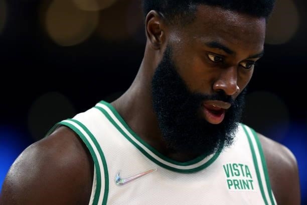 Jaylen Brown of the Boston Celtics looks on during the first quarter of the preseason game against the Orlando Magic at TD Garden on October 04, 2021...