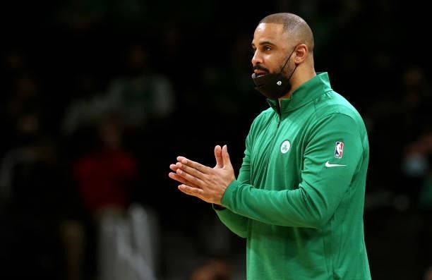 Boston Celtics head coach Ime Udoka directs his team during the first quarter of the preseason game against the Orlando Magic at TD Garden on October...