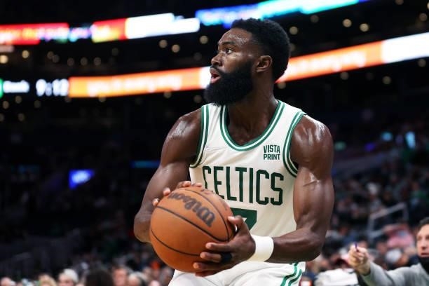 Jaylen Brown of the Boston Celtics looks for a shot against the Orlando Magic during the second half of the preseason game at TD Garden on October...