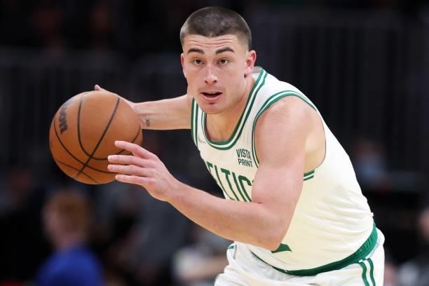 Payton Pritchard of the Boston Celtics dribbles downcourt during the second half of the preseason game against the Orlando Magic at TD Garden on...