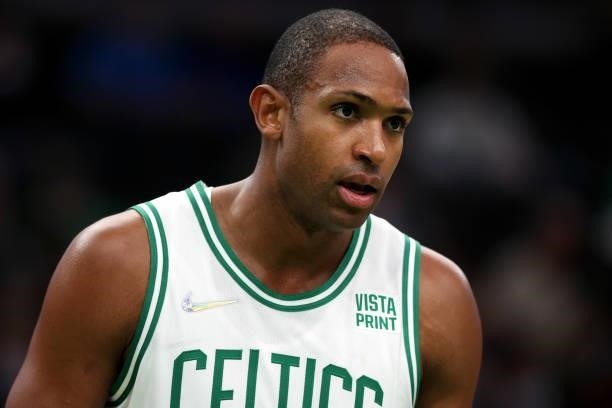 Al Horford of the Boston Celtics looks on during the first quarter of the preseason game against the Orlando Magic at TD Garden on October 04, 2021...