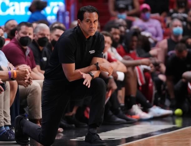 Head coach Erik Spoelstra of the Miami Heat in action against the Atlanta Hawks during the fourth quarter of preseason action at FTX Arena on October...