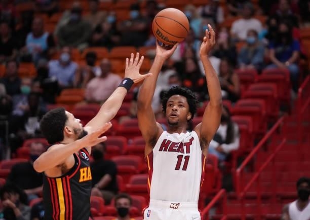 Okpala of the Miami Heat shoots the ball against the Atlanta Hawks during the fourth quarter of preseason action at FTX Arena on October 04, 2021 in...
