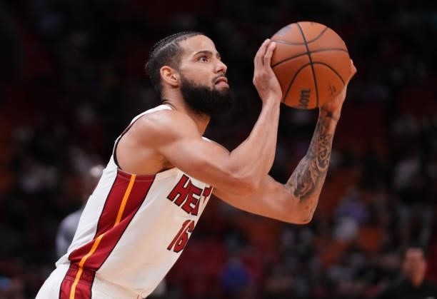 Caleb Martin of the Miami Heat shoots the ball against the Atlanta Hawks in the fourth quarter of preseason action at FTX Arena on October 04, 2021...