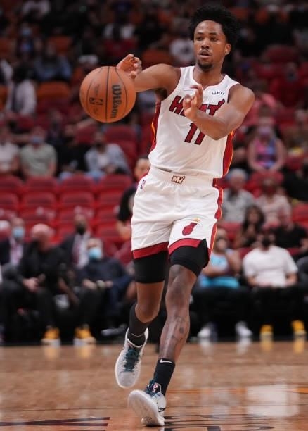 Okpala of the Miami Heat passes the ball against the Atlanta Hawks in the fourth quarter of preseason action at FTX Arena on October 04, 2021 in...