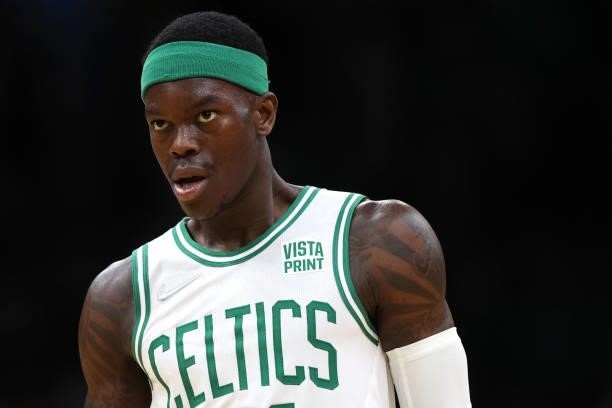 Dennis Schroder of the Boston Celtics looks on during the second half of the preseason game against the Orlando Magic at TD Garden on October 04,...