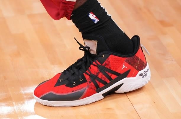 Detailed view of the Nike Air Jordan sneaker worn by Bam Adebayo of the Miami Heat prior to the preseason game against the Atlanta Hawks at FTX Arena...