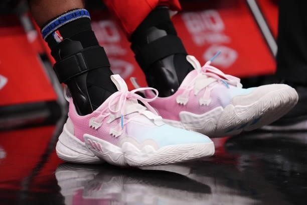 Detailed view of the Adidas sneakers worn by Trae Young of the Atlanta Hawks prior to the preseason game against the Miami Heat at FTX Arena on...