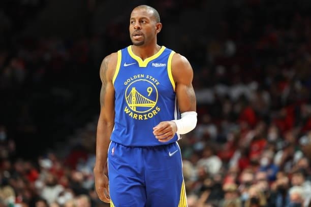 Andre Iguodala of the Golden State Warriors looks on in the third quarter against the Portland Trail Blazers during the preseason game at Moda Center...