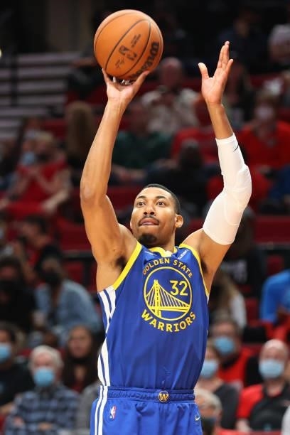 Otto Porter Jr. #32 of the Golden State Warriors takes a shot in the third quarter against the Portland Trail Blazers during the preseason game at...