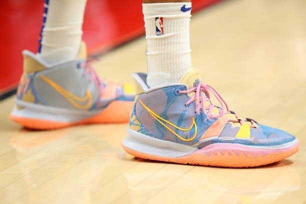 General view of the Nike shoes worn by Mychal Mulder of the Golden State Warriors against the Portland Trail Blazers during the preseason game at...