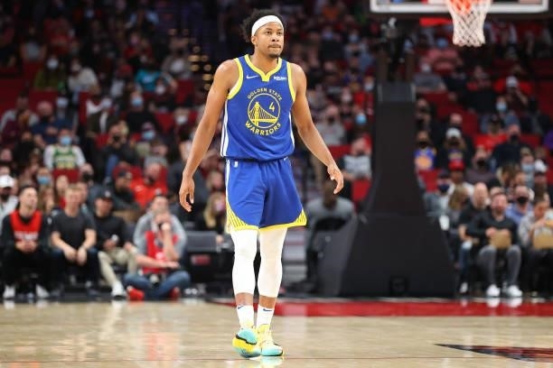 Moses Moody of the Golden State Warriors looks on against the Portland Trail Blazers in the fourth quarter during the preseason game at Moda Center...