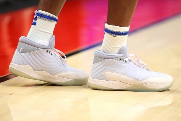 General view of the shoes worn by Langston Galloway of the Golden State Warriors against the Portland Trail Blazers during the preseason game at Moda...