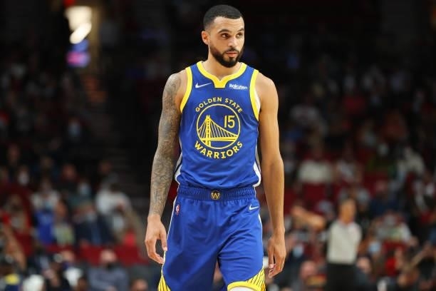 Mychal Mulder of the Golden State Warriors looks on against the Portland Trail Blazers in the fourth quarter during the preseason game at Moda Center...