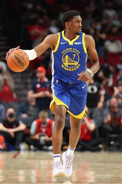 Langston Galloway of the Golden State Warriors handles the ball against the Portland Trail Blazers in the fourth quarter during the preseason game at...