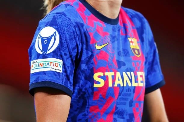 Women's Champions League logo is seen during the UEFA Women's Champions League group C match between FC Barcelona and Arsenal WFC at Estadi Johan...