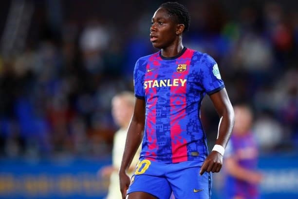 Asisat Oshoala of FC Barcelona looks on during the UEFA Women's Champions League group C match between FC Barcelona and Arsenal WFC at Estadi Johan...
