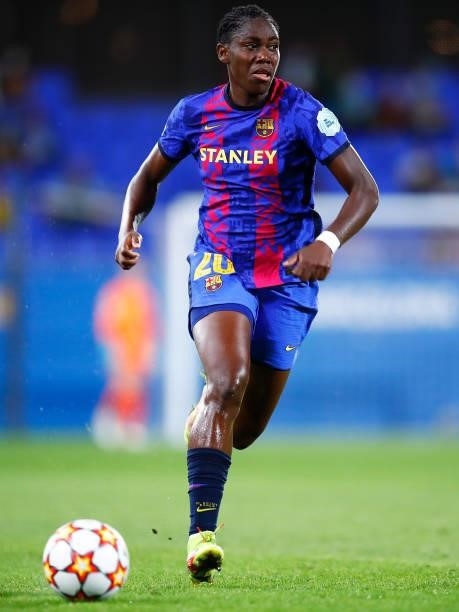 Asisat Oshoala of FC Barcelona runs with the ball during the UEFA Women's Champions League group C match between FC Barcelona and Arsenal WFC at...
