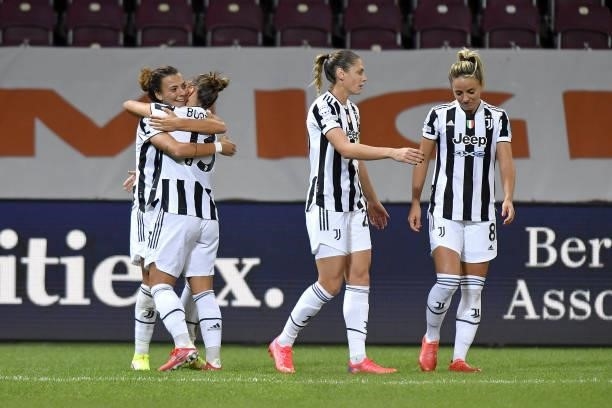 Arianna Caruso of Juventus women and teammate Lisa Boattin celebrates after the second goal of Lina Hurtig during the UEFA Women's Champions League...
