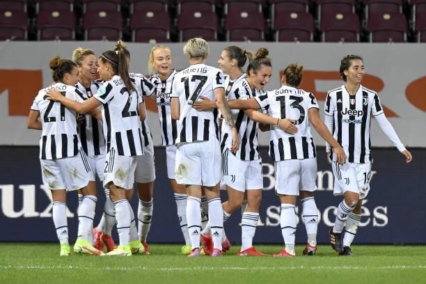 Lina Hurtig of Juventus women celebrates with teammates after scoring his team's second goal during the UEFA Women's Champions League group A match...