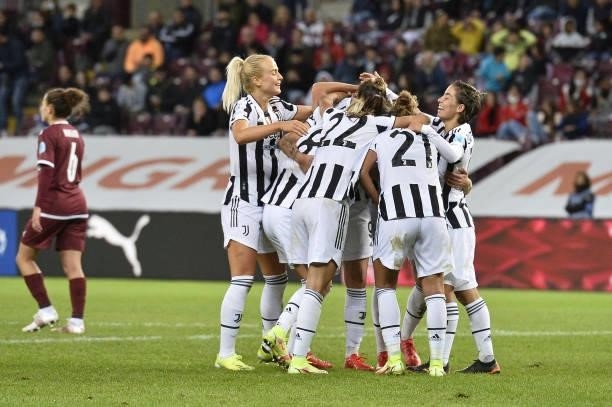 Lina Hurtig of Juventus women celebrates with teammates after scoring her team's second goal during the UEFA Women's Champions League group A match...