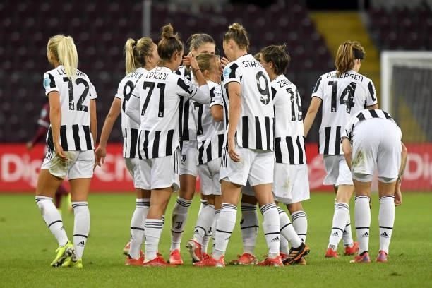 Valentina Cernoia of Juventus women celebrates with teammates after scoring his team's third goal during the UEFA Women's Champions League group A...