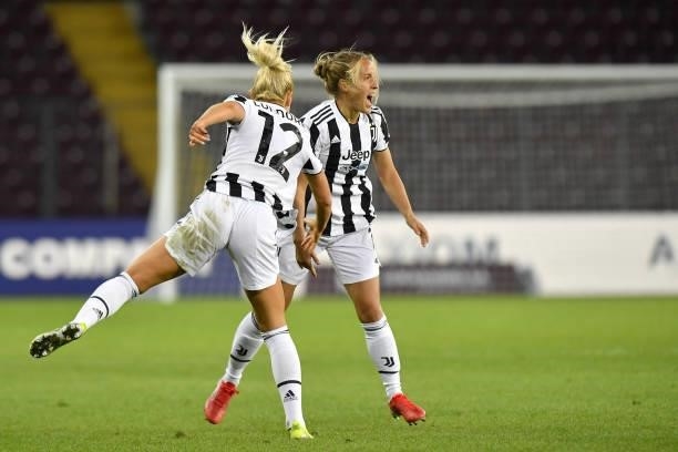 Valentina Cernoia of Juventus women celebrates after scoring his team's third goal with teammate Matilde Lundorf Skovsen during the UEFA Women's...