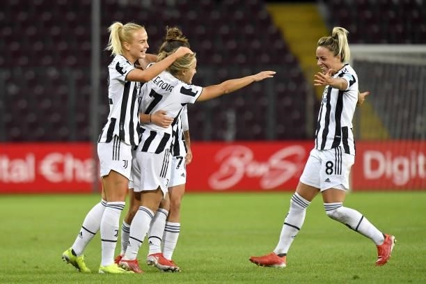 Valentina Cernoia of Juventus women celebrates after scoring his team's third goal with teammates Matilde Lundorf Skovsen and Martina Rosucci during...