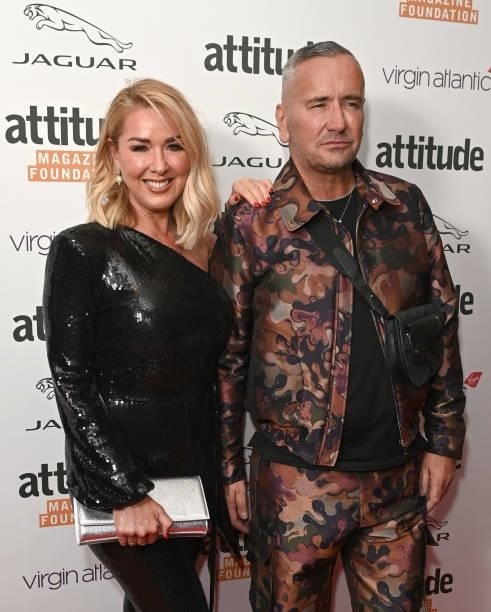 Claire Sweeney and DJ Fat Tony attend The Virgin Atlantic Attitude Awards 2021 at The Roundhouse on October 06, 2021 in London, England.