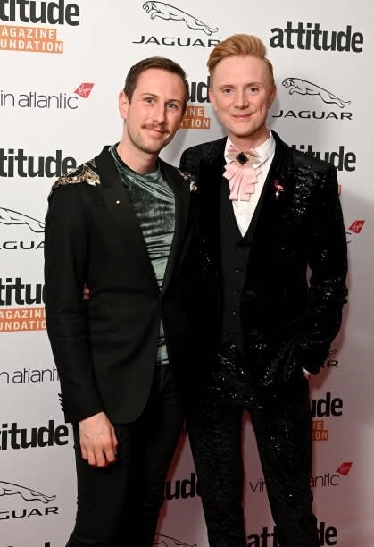 Arran Rees and Owain Wyn Evans attend The Virgin Atlantic Attitude Awards 2021 at The Roundhouse on October 06, 2021 in London, England.