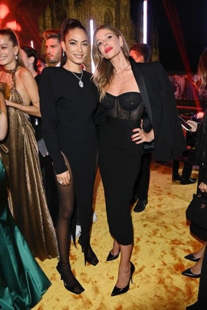 Elodie and Alessia Marcuzzi attend Bulgari Serpenti Metamorphosis Party at Terrazza 21 on October 06, 2021 in Milan, Italy.