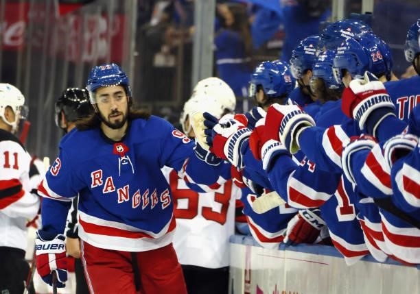 Mika Zibanejad of the New York Rangers celebrates his first period goal against the New Jersey Devils during a preseason game at Madison Square...