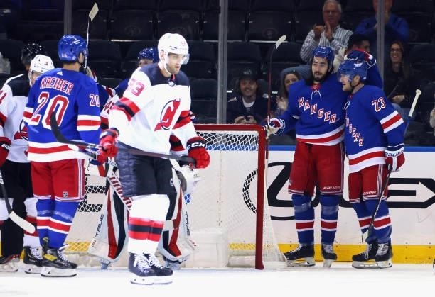 Mika Zibanejad of the New York Rangers celebrates his first period goal with Adam Fox against the New Jersey Devils during a preseason game at...